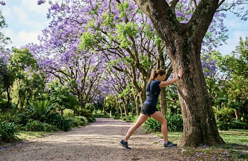 Corredor a alongar tranquilamente num parque de Lisboa rodeado de árvores