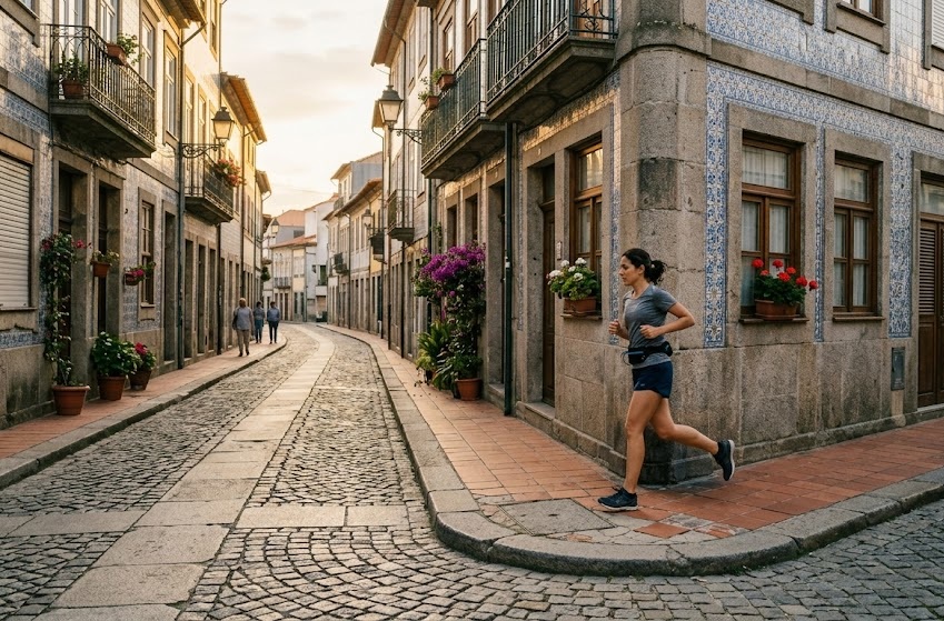 Quarteirão urbano calmo no Porto durante uma corrida leve ao fim do dia